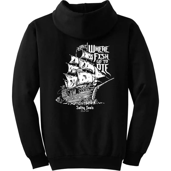 This is the back of the black Salty Joe's Skeleton Ship Pullover Hoodie.