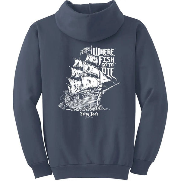 This is the back of the steel blue Salty Joe's Skeleton Ship Pullover Hoodie.