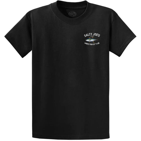 This is the front of the black Salty Joe's Tuna Fishing T Shirts.