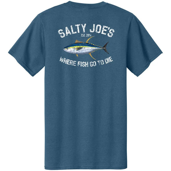 This is a picture of our colonial blue Salty Joe's Tuna Fishing T Shirts.