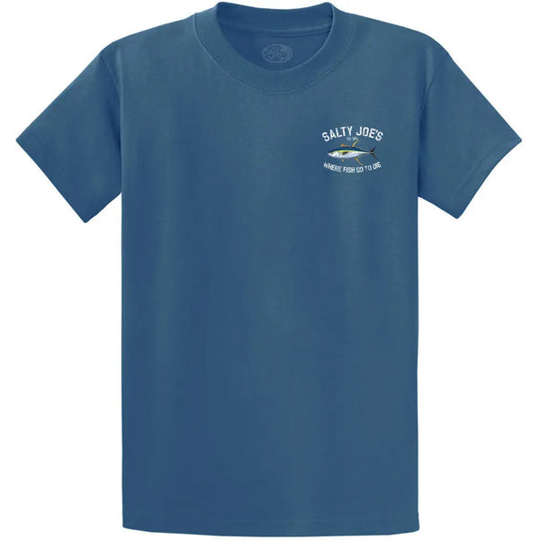 This is the front of the colonial blue Salty Joe's Tuna Fishing T Shirts.