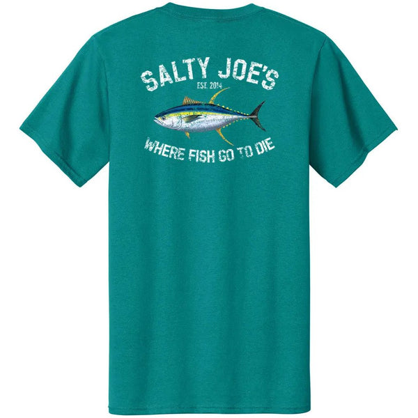 This is a picture of our jade green Salty Joe's Tuna Fishing T Shirts.