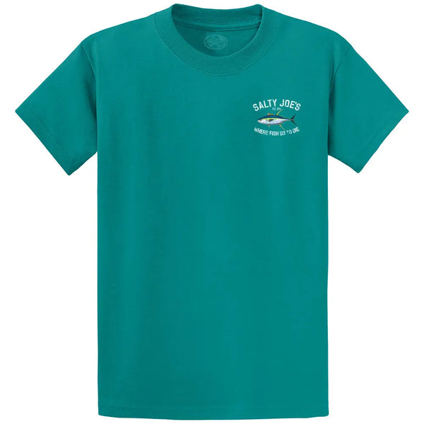 This is the front of our jade green Salty Joe's Tuna Fishing T Shirts.