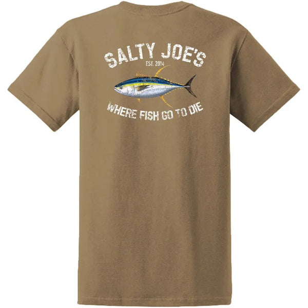 This is a picture of our sand Salty Joe's Tuna Fishing T Shirts.