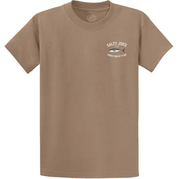 This is the front of the sand Salty Joe's Tuna Fishing T Shirts.