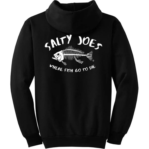 This is the back of the black Salty Joe's "Where Fish Go To Die" Pullover Hoodie.