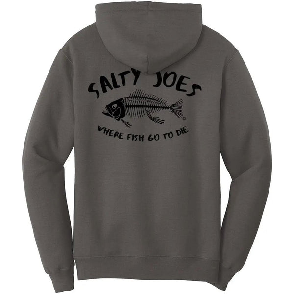 This is the back of the charcoal Salty Joe's "Where Fish Go To Die" Pullover Hoodie.