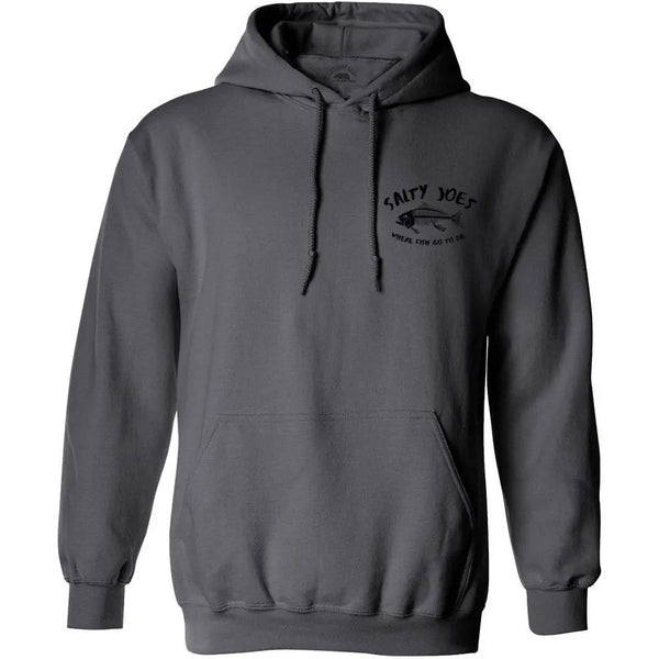 This is the charcoal Salty Joe's "Where Fish Go To Die" Pullover Hoodie.