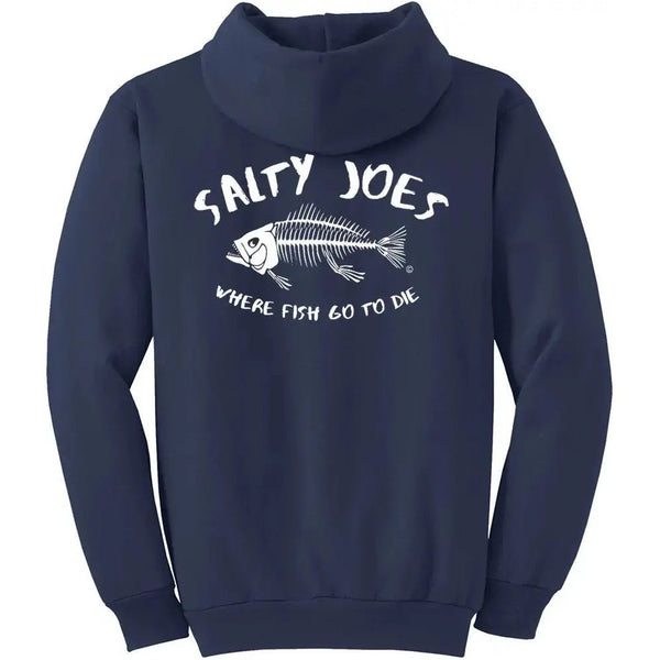 This is the back of the navy Salty Joe's "Where Fish Go To Die" Pullover Hoodie.