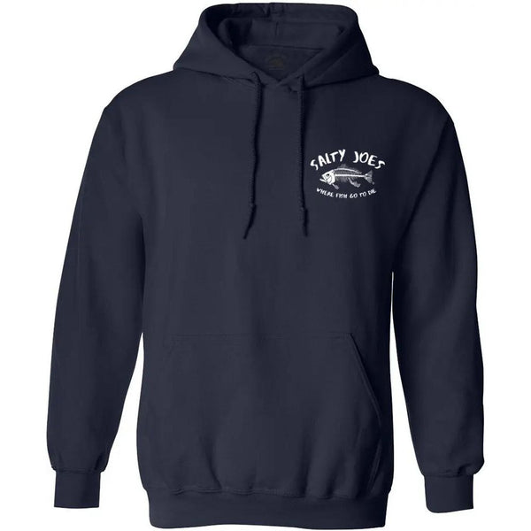 This is the navy Salty Joe's "Where Fish Go To Die" Pullover Hoodie.