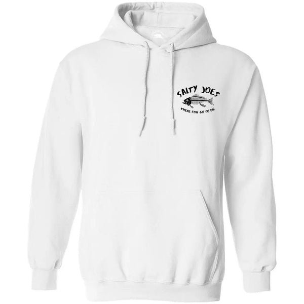 This is the white Salty Joe's "Where Fish Go To Die" Pullover Hoodie.
