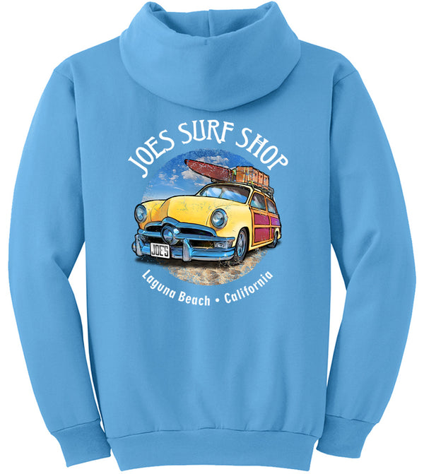 Joe's Surf Shop Yellow Woody with Surfboards Pullover Surf Hoodie