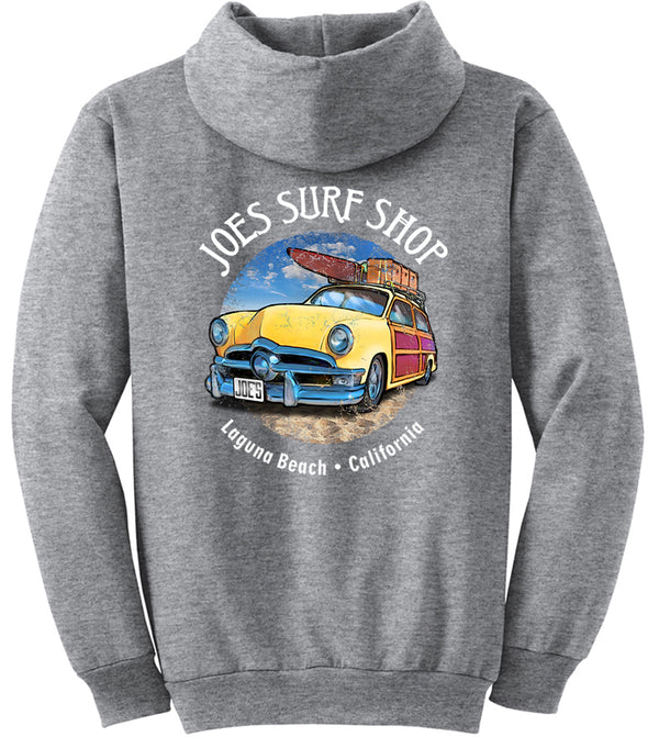 Joe's Surf Shop Yellow Woody with Surfboards Pullover Surf Hoodie