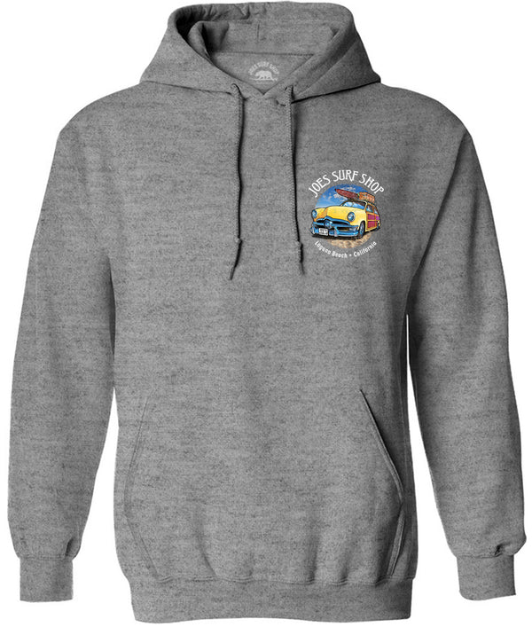 Joe's Surf Shop Yellow Woody with Surfboards Pullover Surf Hoodie