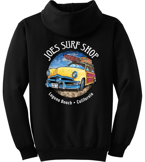 Joe's Surf Shop Yellow Woody with Surfboards Pullover Surf Hoodie