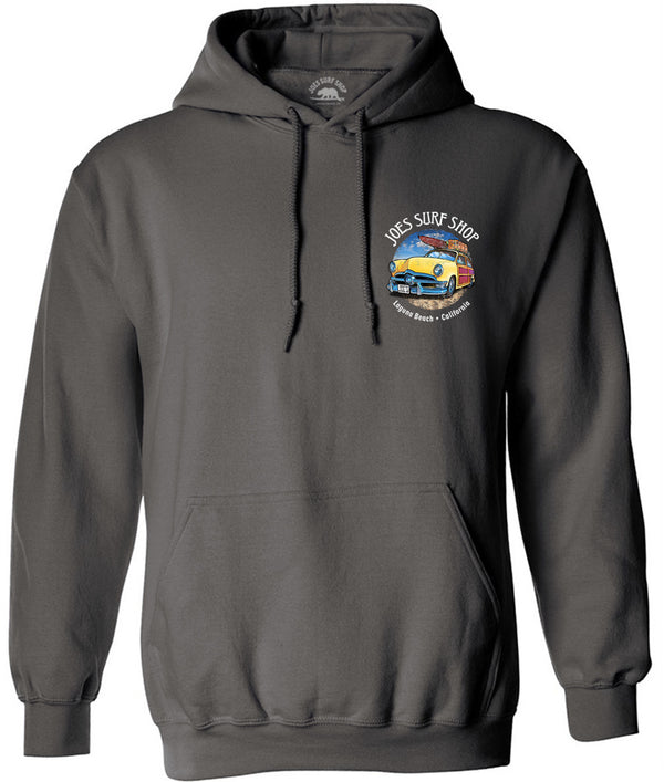 Joe's Surf Shop Yellow Woody with Surfboards Pullover Surf Hoodie