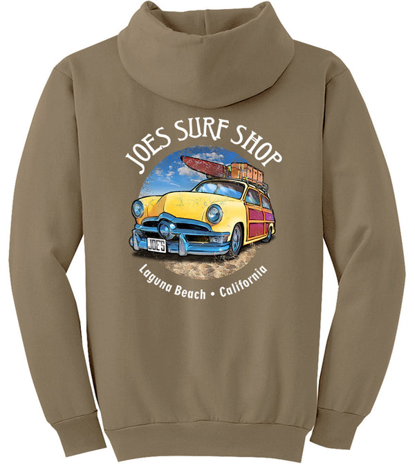 Joe's Surf Shop Yellow Woody with Surfboards Pullover Surf Hoodie