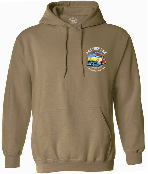 Joe's Surf Shop Yellow Woody with Surfboards Pullover Surf Hoodie