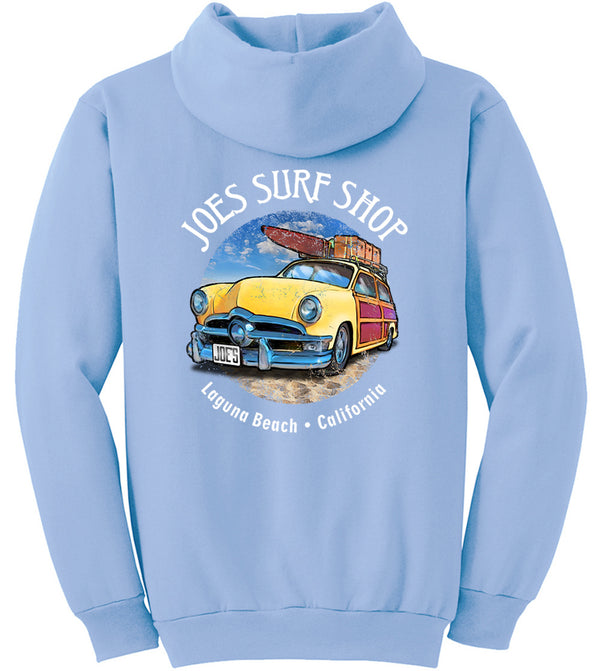 Joe's Surf Shop Yellow Woody with Surfboards Pullover Surf Hoodie