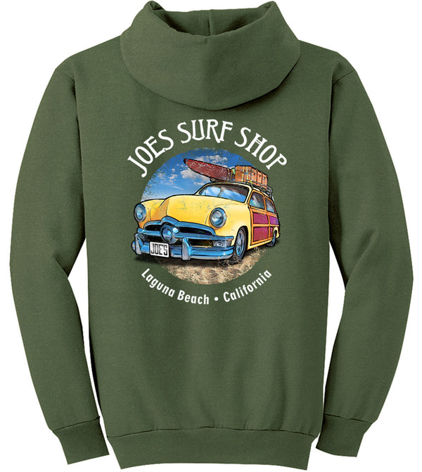 Joe's Surf Shop Yellow Woody with Surfboards Pullover Surf Hoodie