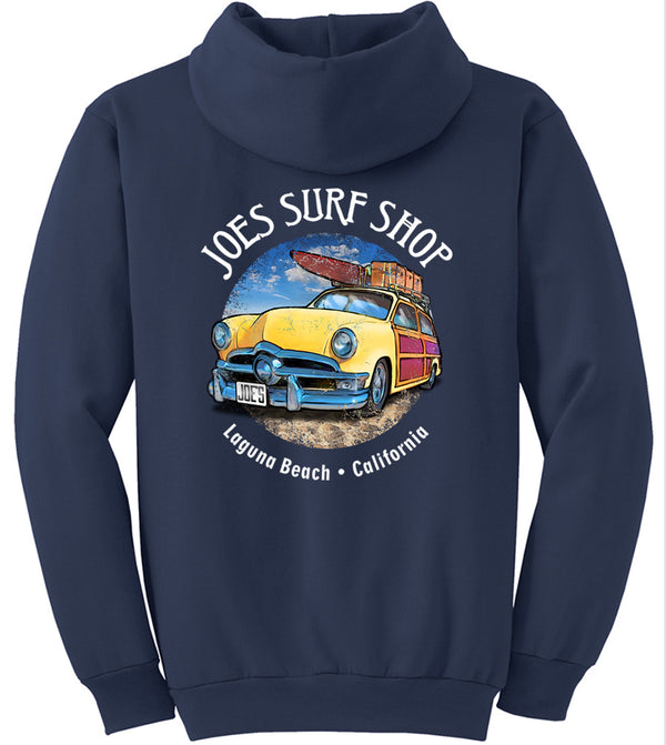 Joe's Surf Shop Yellow Woody with Surfboards Pullover Surf Hoodie