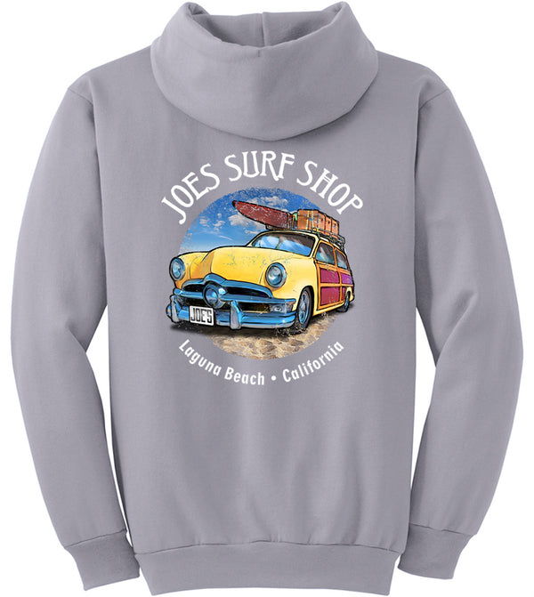 Joe's Surf Shop Yellow Woody with Surfboards Pullover Surf Hoodie