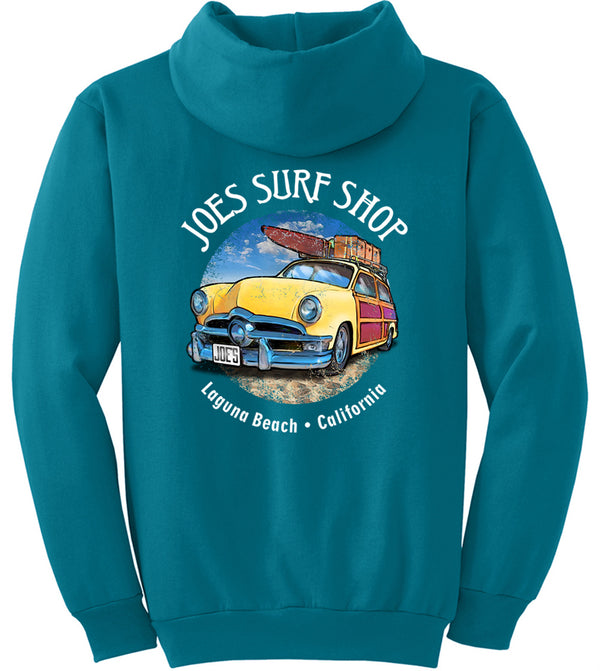 Joe's Surf Shop Yellow Woody with Surfboards Pullover Surf Hoodie