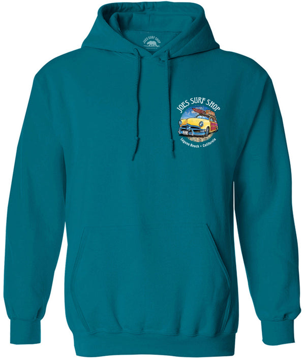 Joe's Surf Shop Yellow Woody with Surfboards Pullover Surf Hoodie