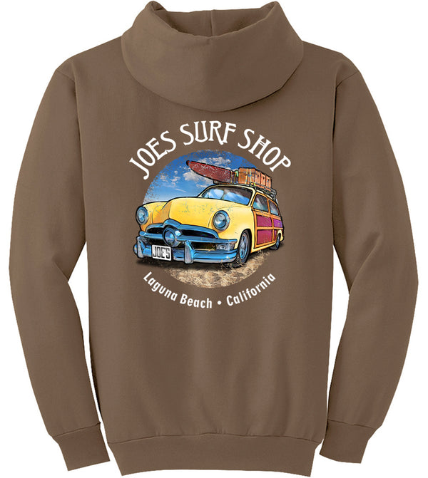 Joe's Surf Shop Yellow Woody with Surfboards Pullover Surf Hoodie