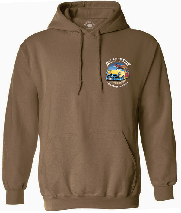 Joe's Surf Shop Yellow Woody with Surfboards Pullover Surf Hoodie